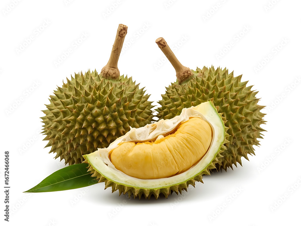 Obraz premium Whole and Halved Durian Fruit with Spiky Shell and Creamy Yellow Flesh on White Background