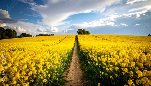 Sunlit path through bright yellow rapeseed field under a blue, cloudy sky