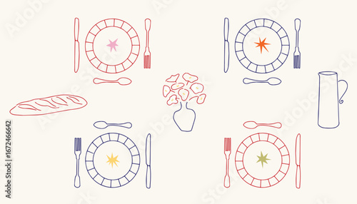 Vintage table setting vector illustration with plates, cutlery, bread and flowers, minimalist graphic design