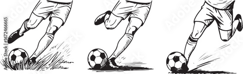 Black and white sketch style illustration of soccer player kicking ball in three sequential action panels with dynamic motion lines