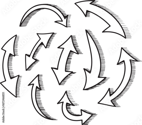 Hand drawn black arrows in circular motion with hatching effect direction movement