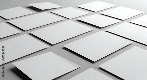 Abstract Composition of White Rectangular Cards Arranged on a Gray Surface.
