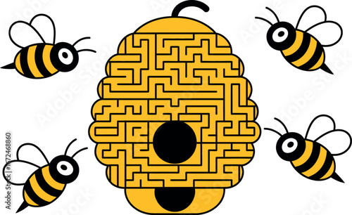 Bee Maze Puzzle:  Cute Cartoon Bees Navigating Honeycomb Labyrinth