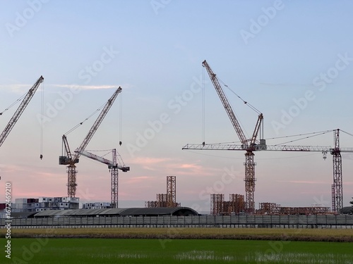 Construction tower cranes on a farm site. Yellow construction tower crane isolated on blue sky with white clouds background and front have farm rice. 
