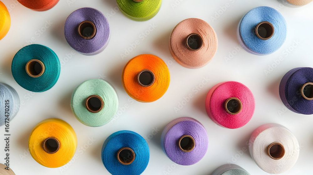 Fototapeta premium Overhead view of colorful sewing threads for creative crafting projects