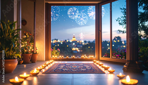 Festive Diwali Pathway Decorated with Rows of Traditional Clay Oil Lamps and Colorful Flowers Leading to Balcony View of Illuminated City Temple and Fireworks in Night Sky Celebration