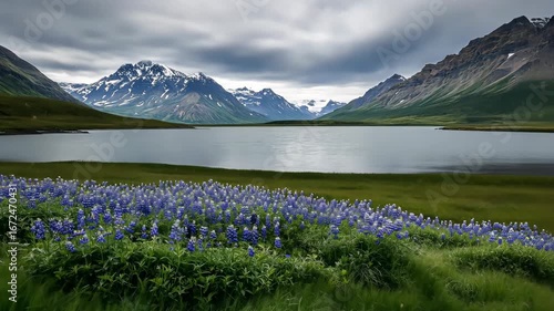 Colorful flowers flourish along tranquil waters as towering mountains loom under a dramatic sky, creating a breathtaking natural setting