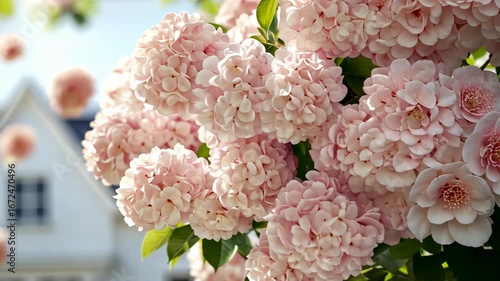 Delicate pink flowers thrive in the sunlight, creating a vibrant display of natural beauty amidst lush greenery during a sunny day