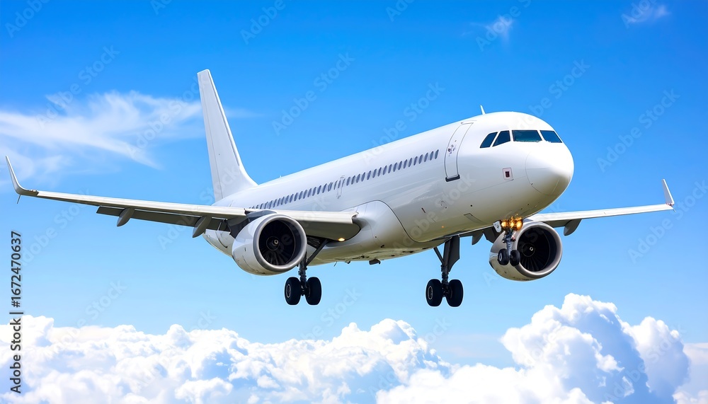 Fototapeta premium A white airplane flying through a bright blue sky with fluffy white clouds.