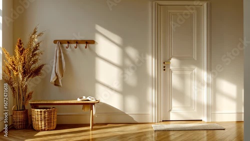 Warm sunlight illuminates a simple entryway, highlighting natural decor and the peaceful ambiance of the space