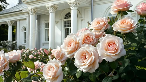 Soft-hued roses bloom near a grand mansion, creating a beautiful harmony of nature and architecture in the daytime