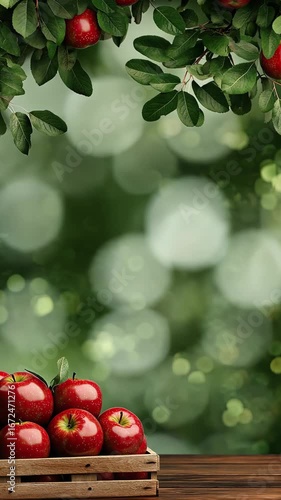 Vibrant red apples are arranged beautifully on a wooden table, set against a backdrop of lush foliage and gentle bokeh lights