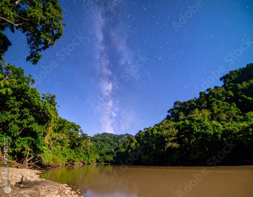 Lush river valley under starry night sky