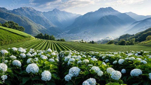 Vibrant blooming flowers fill a lush valley surrounded by majestic mountains under a warm and golden evening light