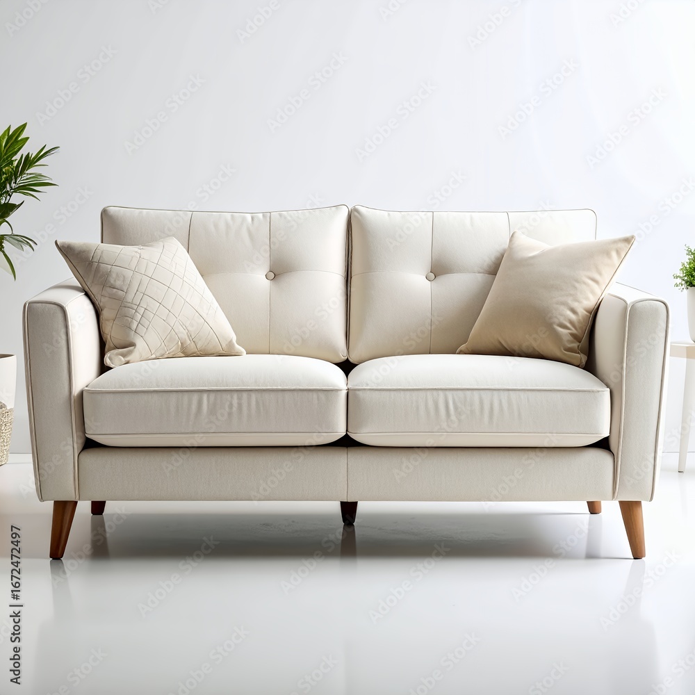 Fototapeta premium Comfortable off-white couch with decorative pillows in a bright setting on white background