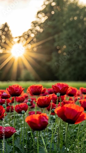 Vibrant red poppies stand tall in a lush field, illuminated by soft sunlight breaking through tree branches at sunset