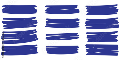 White highlighter marker brush lines vector set collection. Underline lines, scribbles, curved, thick and thin marker pen lines.  Design elements for emphasizing text lines and decorative accents. 
