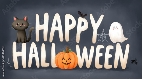 Happy Halloween banner or poster with cute black cat, pumpkin jack o lantern, bat and ghost in cartoon style