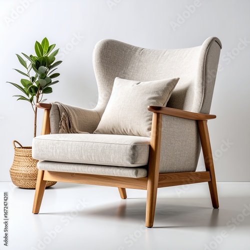 Elegant mid-century modern armchair showcasing simple design and cozy aesthetics on white background