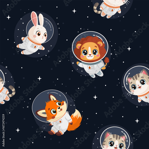 Seamless vector pattern on a dark background. Cute animal astronauts fly in space with stars, a lion, a kitten, a bunny, and a fox. . Vector illustration