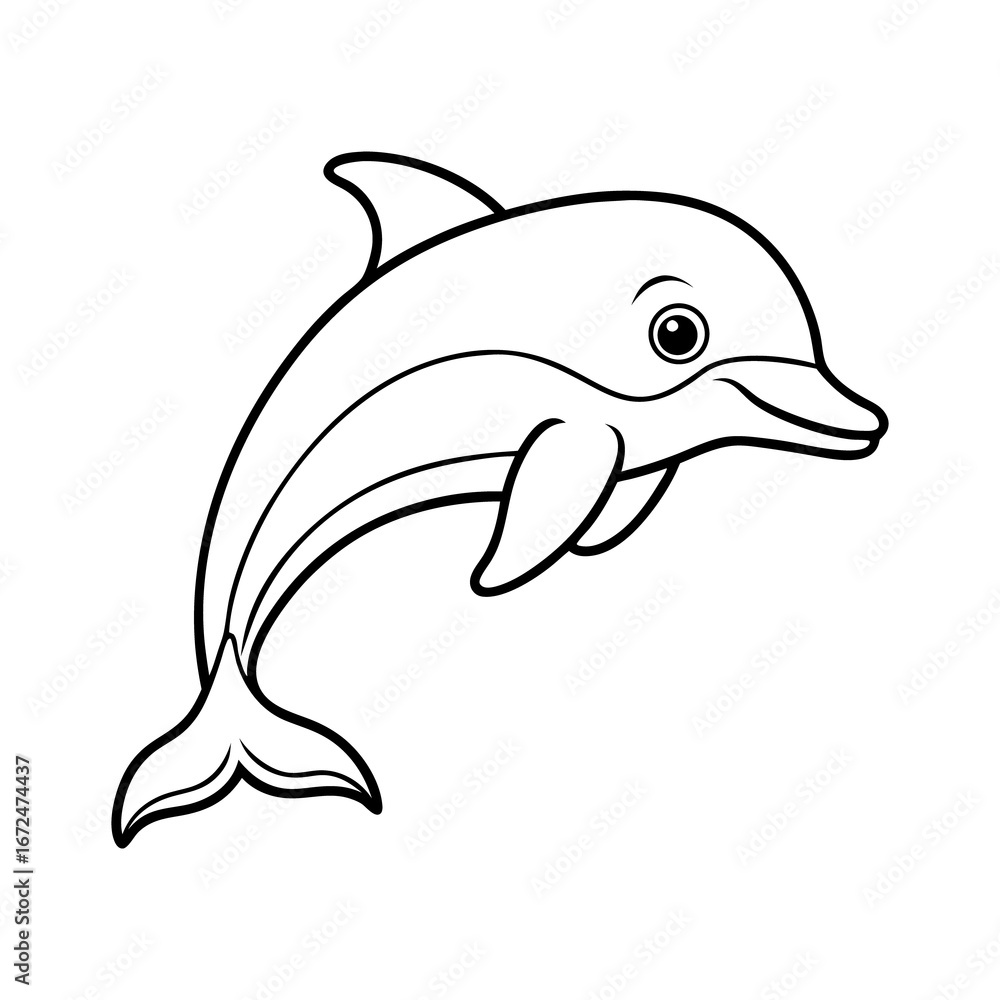 Fototapeta premium A simple line drawing of a happy dolphin leaping out of the water isolated on white background isolated on transparent background