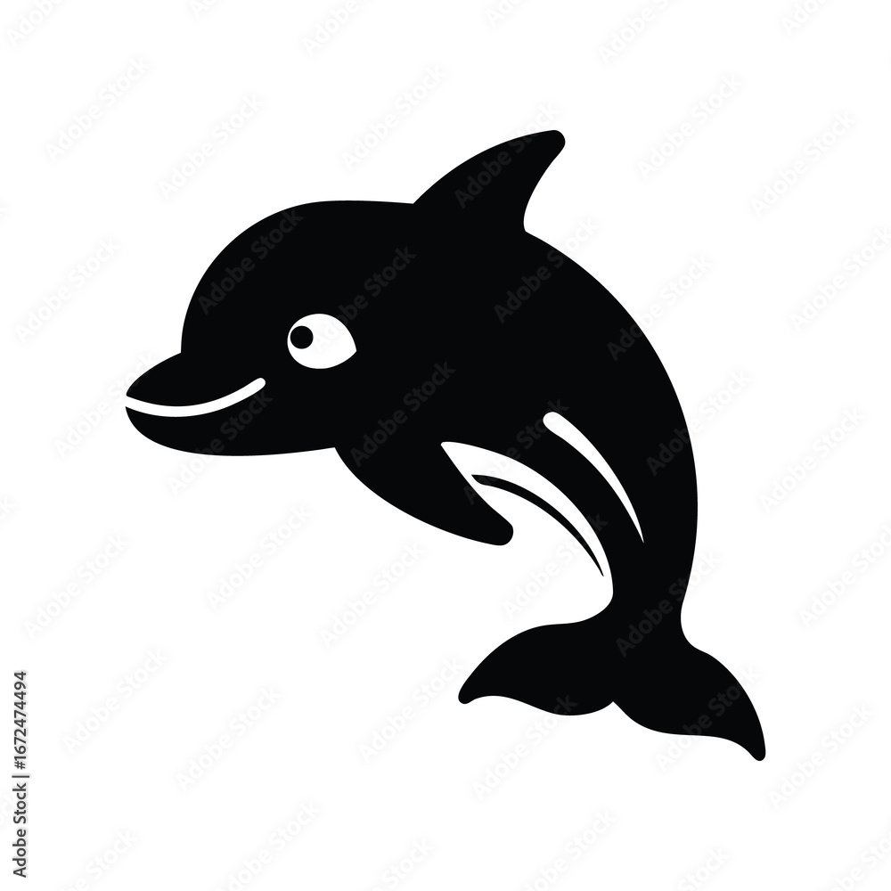 Fototapeta premium A charming black silhouette of a happy dolphin with a big smile isolated on white background isolated on transparent background