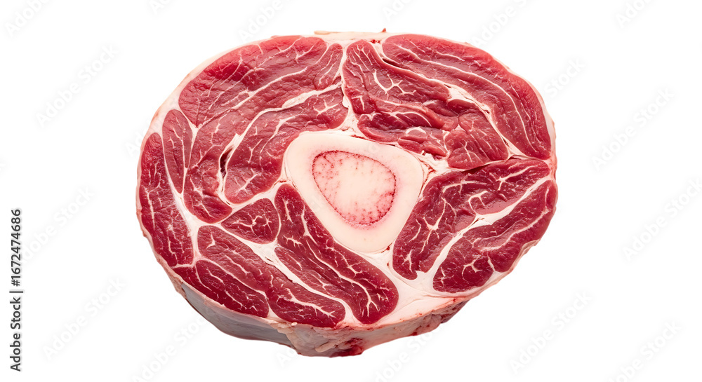 Obraz premium Fresh raw beef shank isolated on transparent background, a flavorful and nutritious cut of meat, perfect for slow cooking and hearty stews, ideal for culinary creations