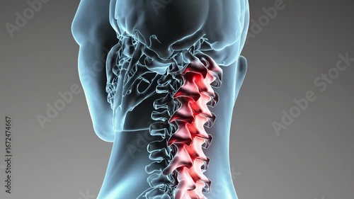 three-dimensional medical illustration depicting painful conditions affecting the lower spinal and neck vertebral regions, intended for educational and diagnostic conceptual purposes.