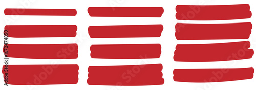 Red marker strokes set. Hand drawn lines for underlining text. Grunge brush paint stripes. Highlight scribble. Set of red marker paint texture. Stroke isolated on white background. eps 10