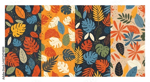 Fototapeta Naklejka Na Ścianę i Meble -  Vibrant tropical leaves pattern in a collage of four distinct color palettes, featuring monstera and palm leaves with a textured, grunge effect, perfect for fabric or wallpaper