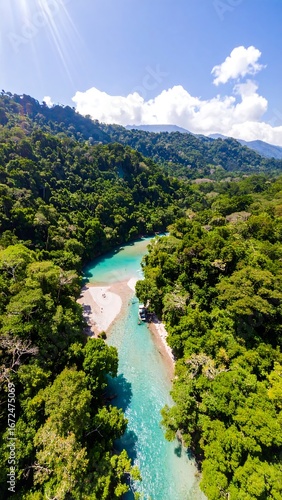 Lush river winding through green mountains