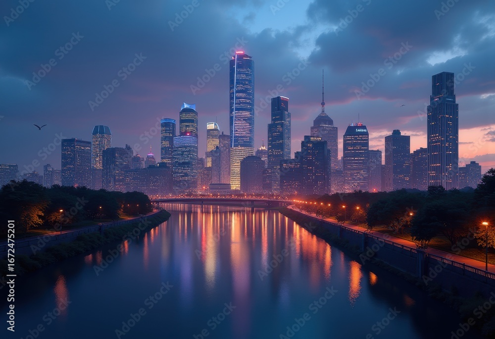 Fototapeta premium breathtaking twilight sky stunning glowing city skyline dazzling urban landscape illuminated horizon evening color palette, dusk, building, architecture, view