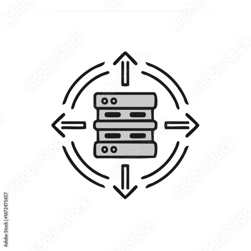 Abstract illustration of a server surrounded by arrows. The image represents a concept of data transfer, information sharing, or system interaction. It's simple, modern.