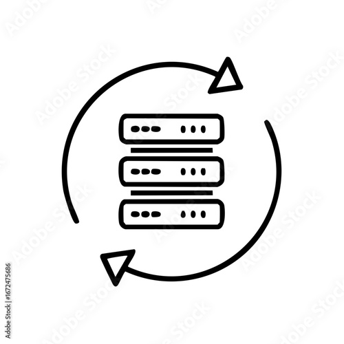 Data server synchronization represented by an outlined circle. A server consists of three layers and arrows going around the circle to represent the synchronization