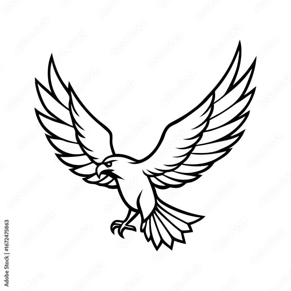 Obraz premium Detailed black and white illustration of a majestic eagle with wings spread wide in flight isolated on white background isolated on transparent background