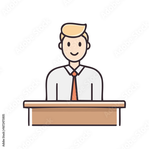 A smiling office worker at his desk, ready to begin work