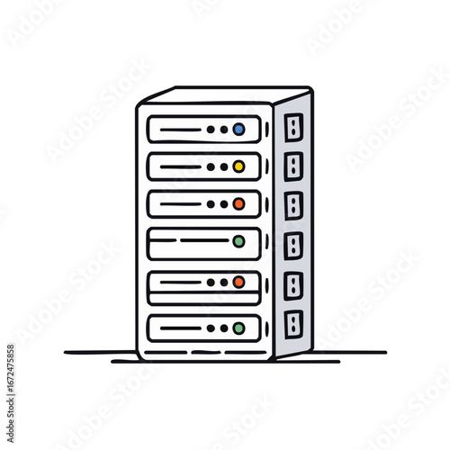 Modern server rack illustration with clean lines, essential for digital infrastructure and data storage