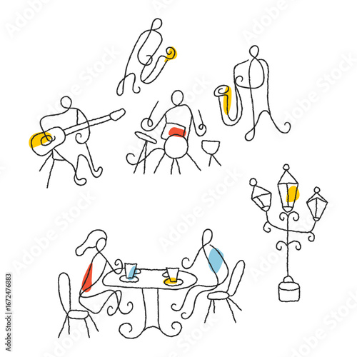 Outdoor Cafe Music romantic scene minimalist vector illustration