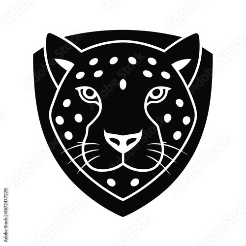 silhouette of a leopard face inside crest logo