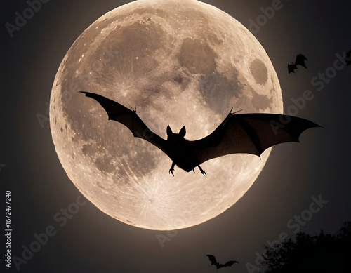 Full Moon, clouds and bats flying at night, full moon in the night sky, halloween background with bats, horror night background