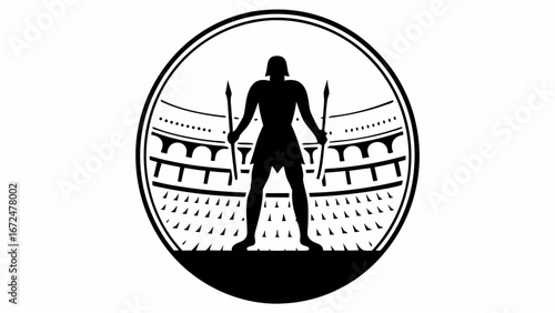 Silhouette of a gladiator holding spears standing in front of a colosseum in a circular logo design | editable eps vectors