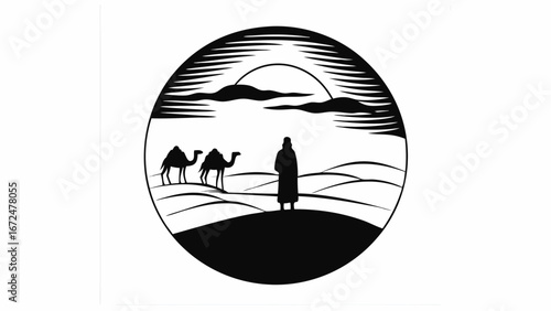Silhouette of a person and two camels in a desert landscape under a sun within a circular frame design | editable eps vectors