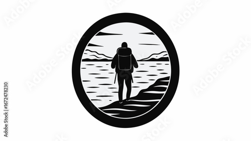 Silhouette of a backpacker standing on a rocky shore looking out at a lake surrounded by mountains inside a circle | editable eps vectors