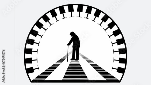 Silhouette of an elderly man with cane walking on a striped path under an arch of piano keys design | editable eps vectors
