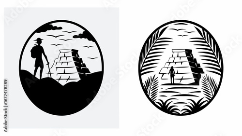 Silhouette scenes of travelers at ancient ruins with birds and tropical plants in circular designs | editable eps vectors