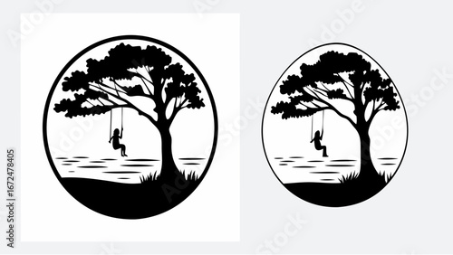 Silhouette of a girl on a swing hanging from a tree near water inside a circular and oval frame | editable eps vectors