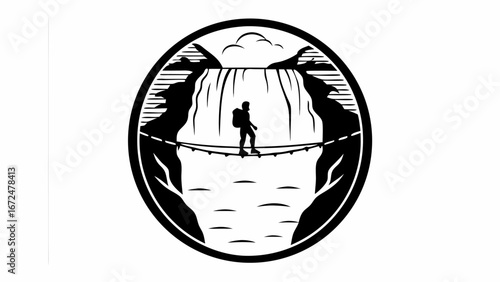 Silhouette of a hiker crossing a rope bridge with a waterfall and mountains in a circular black and white logo | editable eps vectors