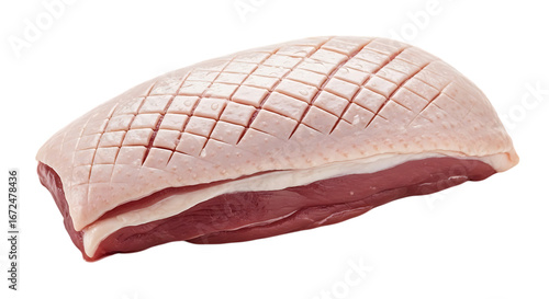 Raw duck breast with scored skin isolated on transparent background, ready for cooking and preparation, a fresh and healthy ingredient for a delicious meal