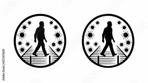 Silhouette of a person walking on stairs surrounded by virus icons in a circular black and white design | editable eps vectors