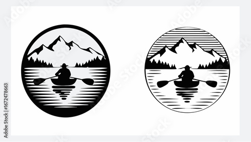 Two circular designs featuring a person in a canoe on a lake with mountains in the background art style | editable eps vectors silhouette